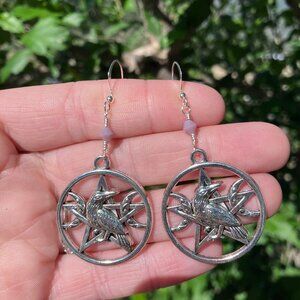 Purple Crow Raven and Crescent Moons Pentagram Wiccan Witchy Halloween Earrings